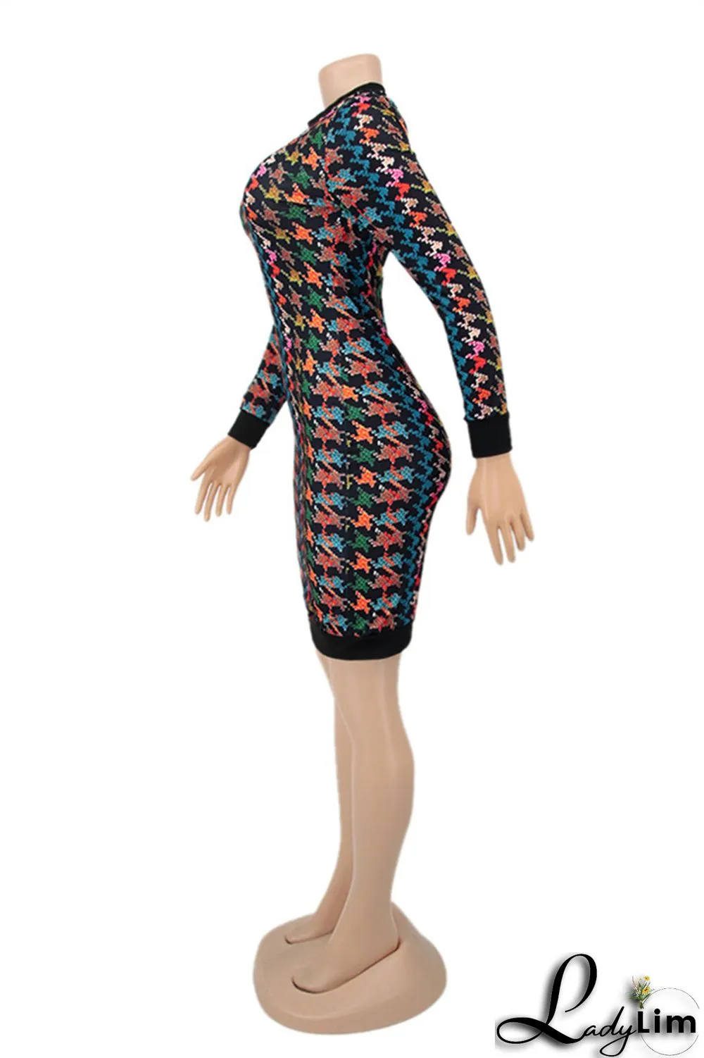 Colour Fashion Casual Print Patchwork Backless O Neck Long Sleeve Plus Size Dresses