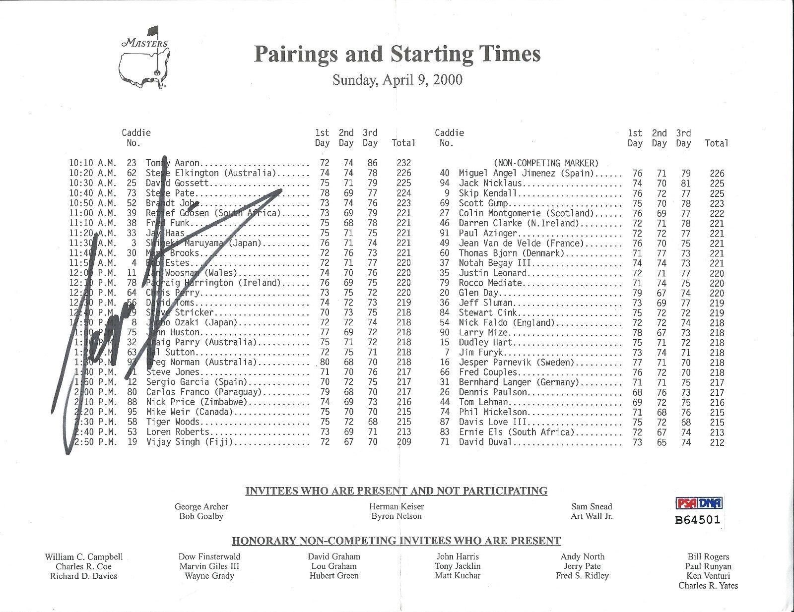 Sergio Garcia Signed Pairings and Starting Times Golf Tournament Sheet PSA