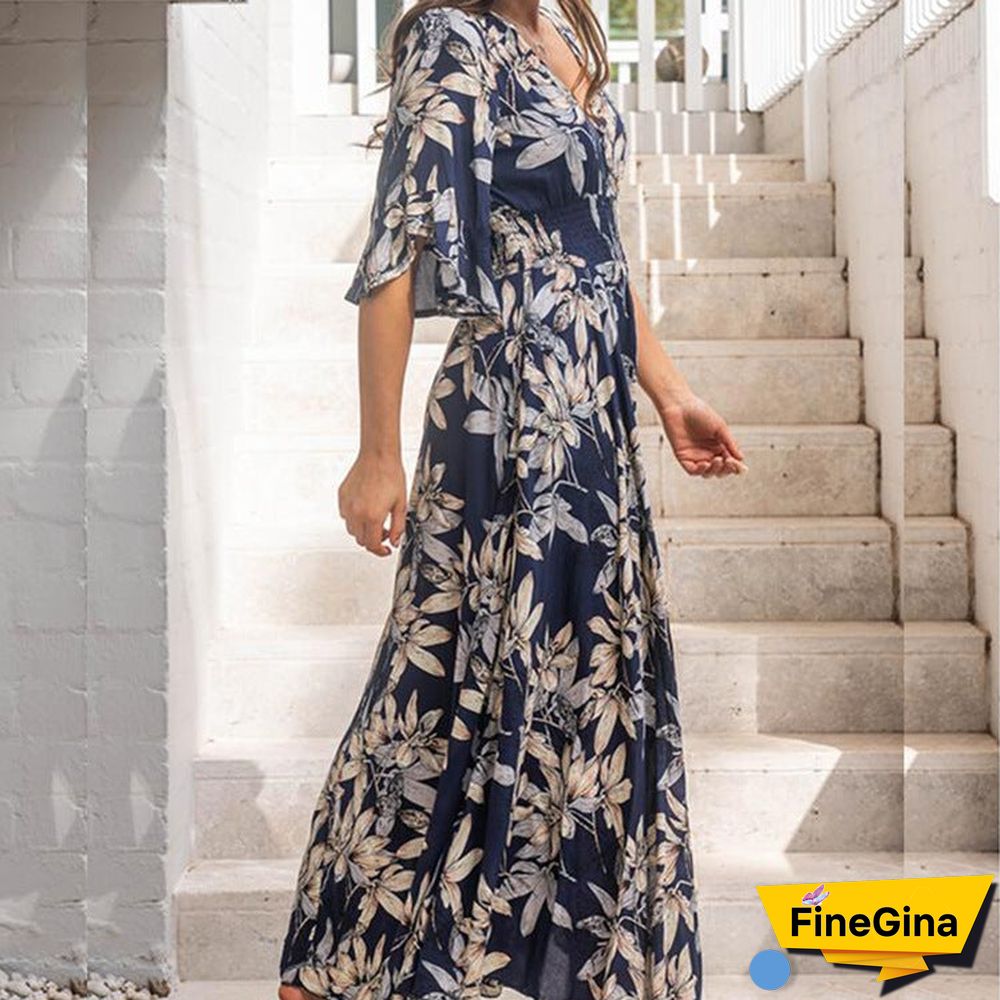 Light New V-neck Elegant Short-sleeved Printed Dress