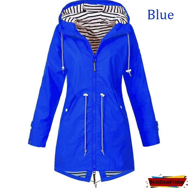 Women Waterproof Zipper Rain Jacket Solid Color Ladies Outdoor Mountaineering Lightweight Raincoats Plus Size