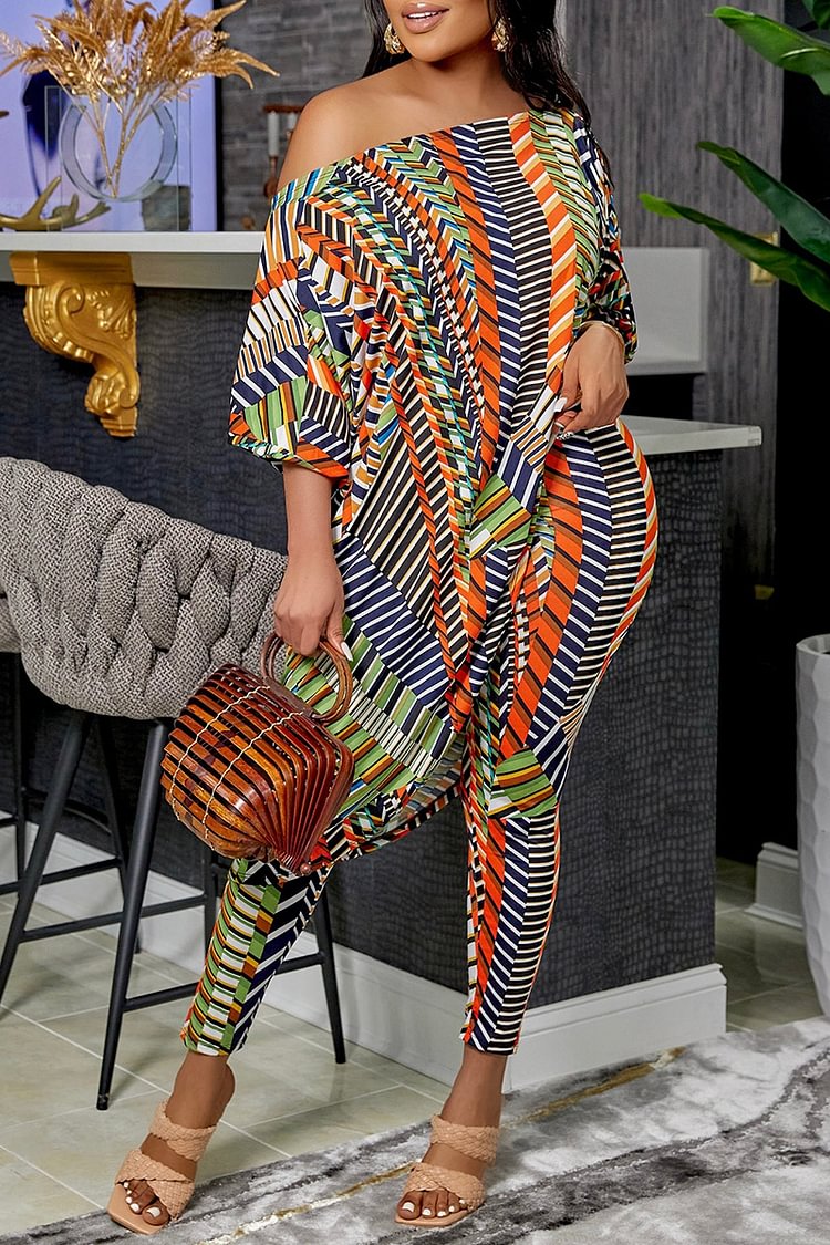 Xpluswear Plus Size Multicolor Casual All Over Print One Shoulder Two Piece Pant Sets [Pre-Order]