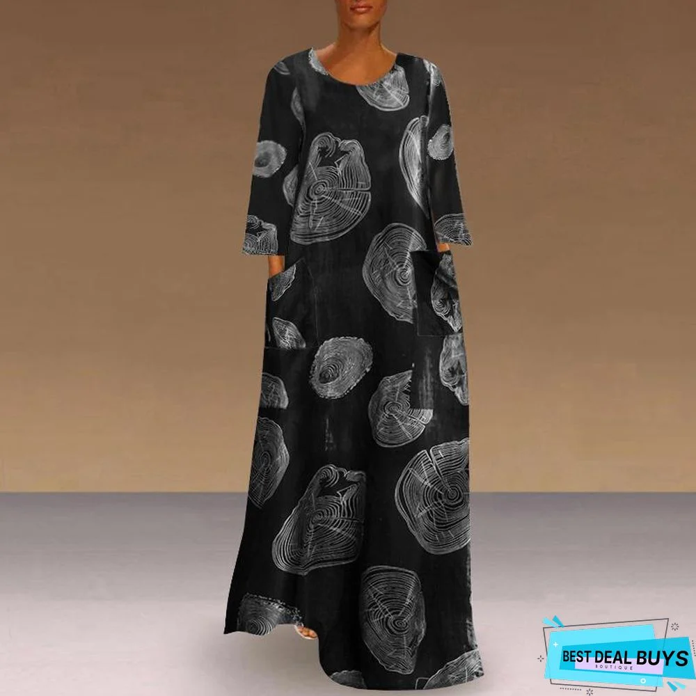 Autumn Women's Print Large Pocket Long Sleeve Casual Retro Dress Black Dresses