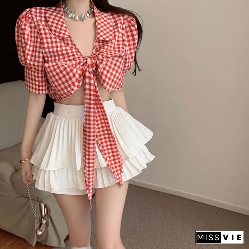 Lace Up Puff Sleeve Lattice Crop Top T-Shirt Mini Skirt