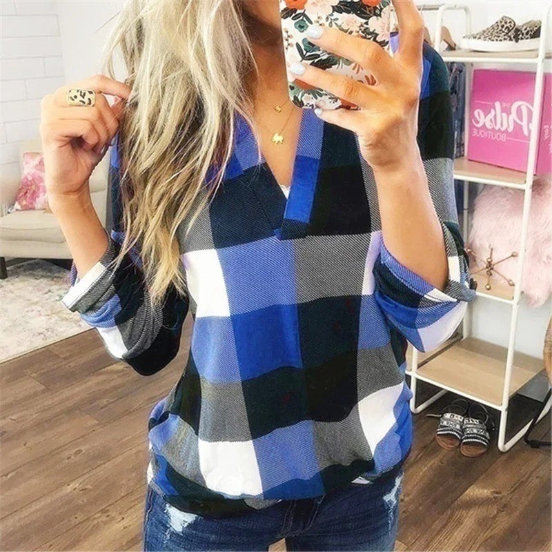 Women's Plaid V-Neck Long Sleeve Top Blouse