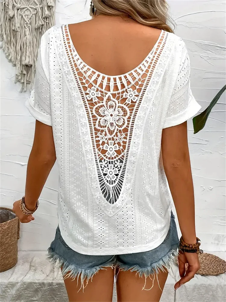 Women's Solid Color Back Floral Hollow Out Short Sleeve Blouse