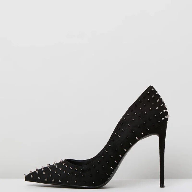 TAAFO Black Stilettos High Thin Heels Women Pumps Pointed Toe Ladies Rivets Flock Shoes