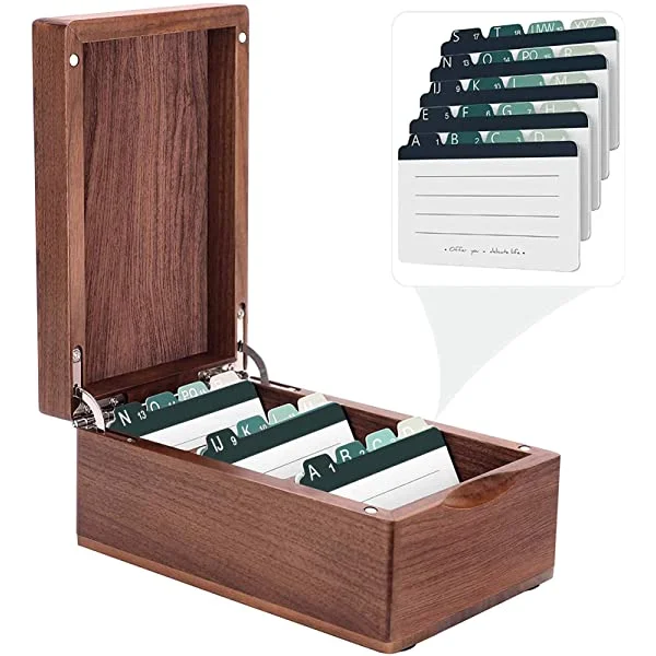 MaxGear® Walnut Wood Organizers Business Card Holder 3 Divider Boards for 300 Cards A-Z Tabs Desktop Card File Note Card Holders  6.4 x 4.3 x 3 inches Index Cards Organizer Box