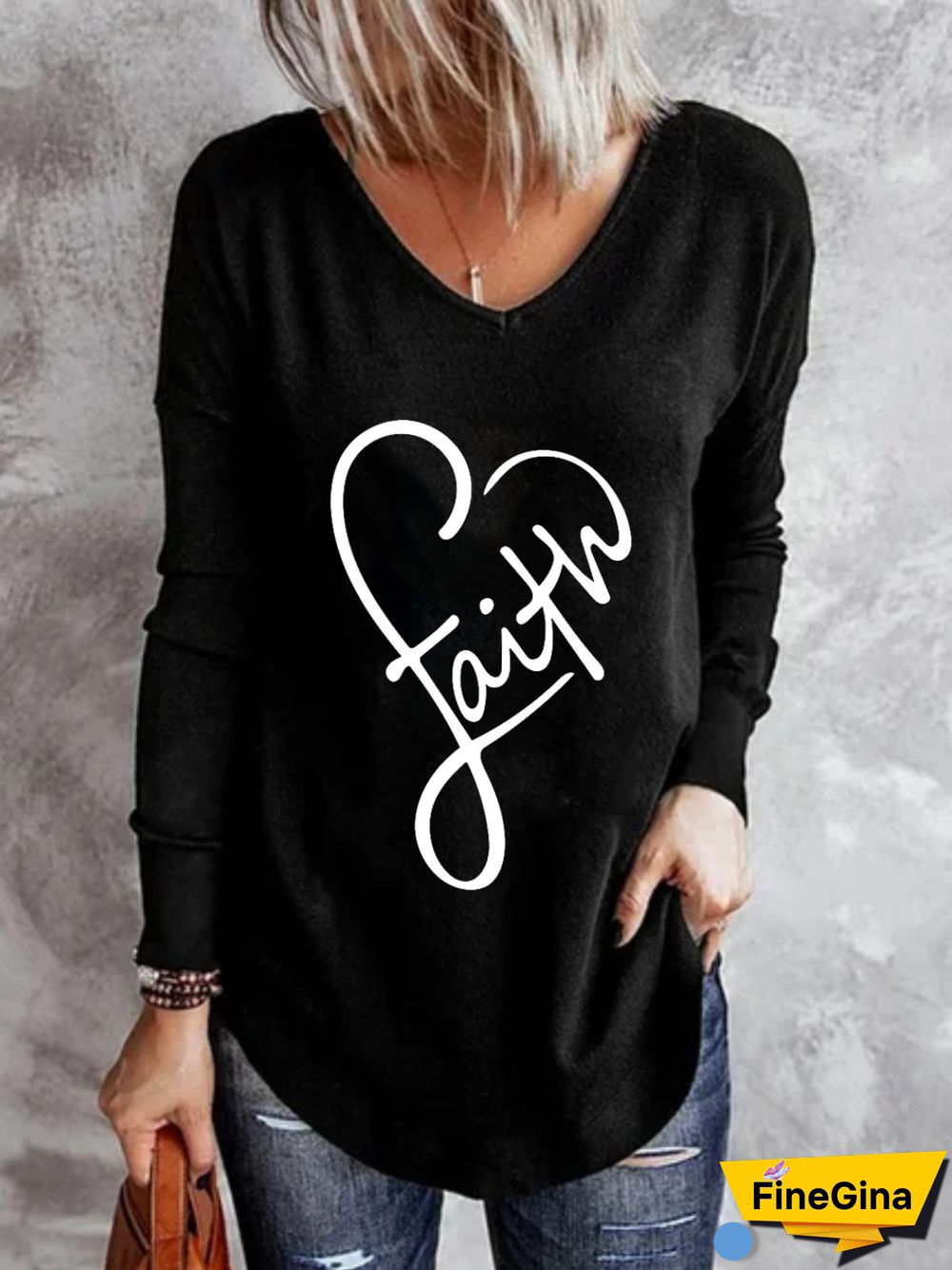 Casual Long Sleeve V Neck Plus Size Printed Tops T-shirts