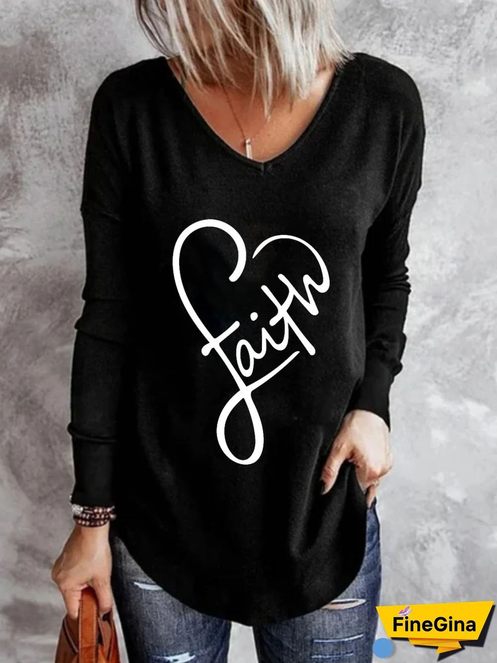 Casual Long Sleeve V Neck Plus Size Printed Tops T-shirts
