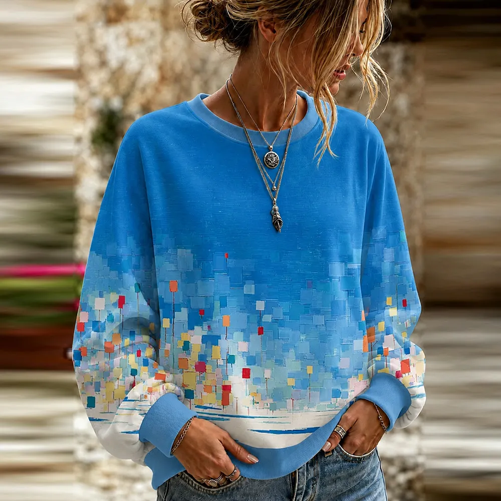 Comstylish Women's Vintage Geometric Art Print Casual Crewneck Sweatshirt