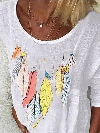White Long Sleeve Printed  Cotton Shirts & Tops