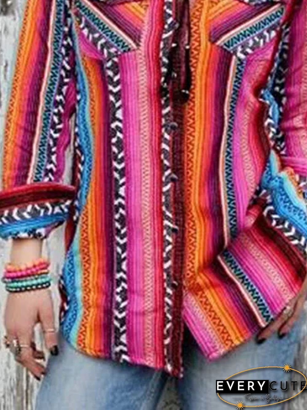 Multicolor Boho Shirt Collar Color-Block Striped Blouse