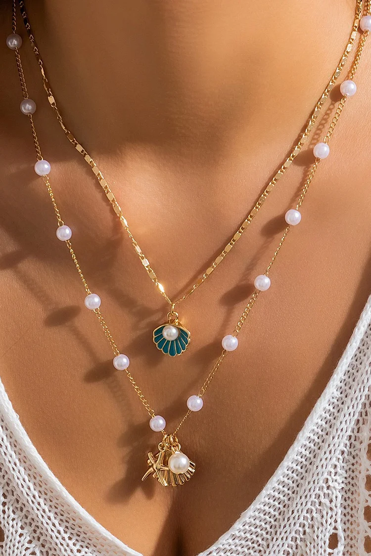 Beach Starfish Shell Pearl Shape Pendant Double-layer Chain Necklace 2024 - Xpluswear
