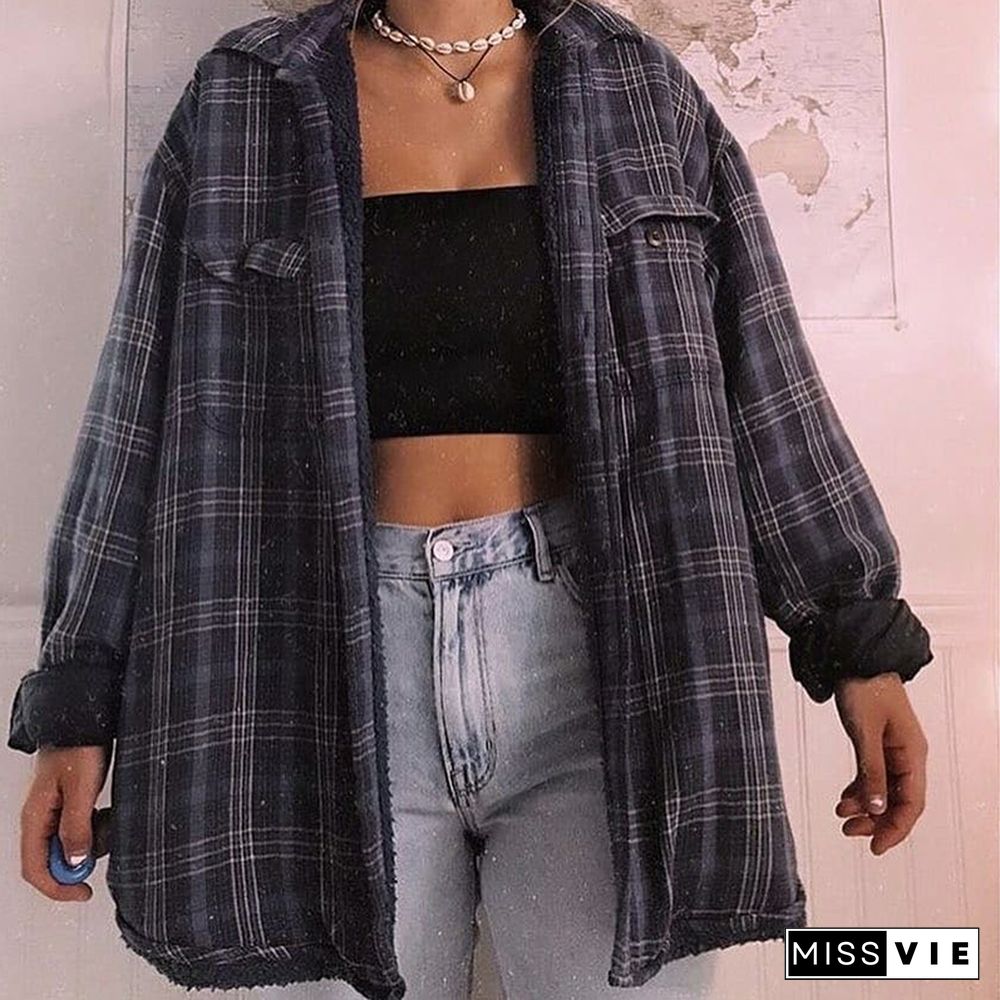 Autumn And Winter New Retro Plaid Long-Sleeved Plus Velvet Warm Jacket