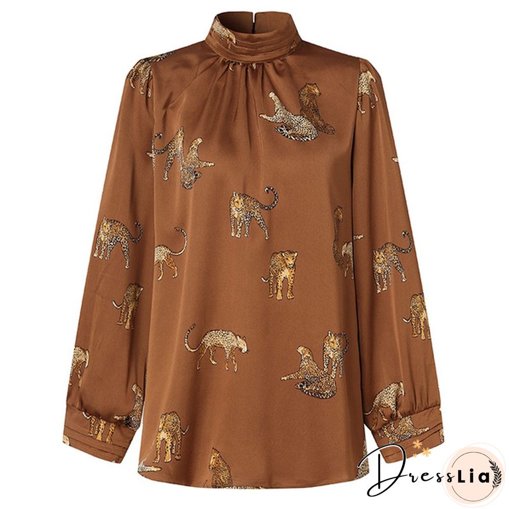 Celmia Women Long Sleeve Stand Collar Shirt Animal Print Tops Elegant Casual Loose Blouses Plus Size