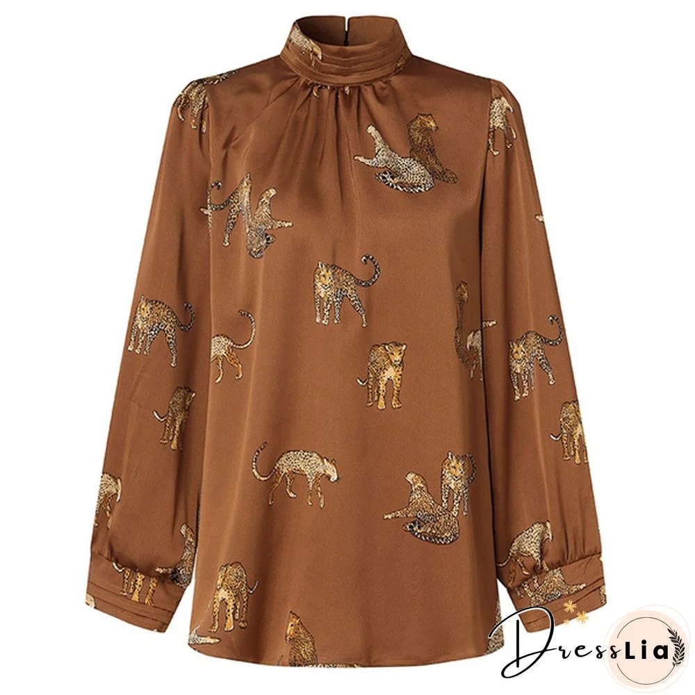 Celmia Women Long Sleeve Stand Collar Shirt Animal Print Tops Elegant Casual Loose Blouses Plus Size
