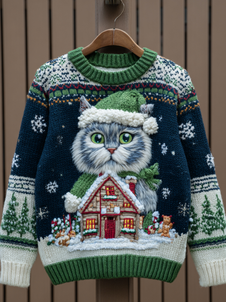Men's Christmas Kitten Fair Island Round Neck Sweater elevenforest