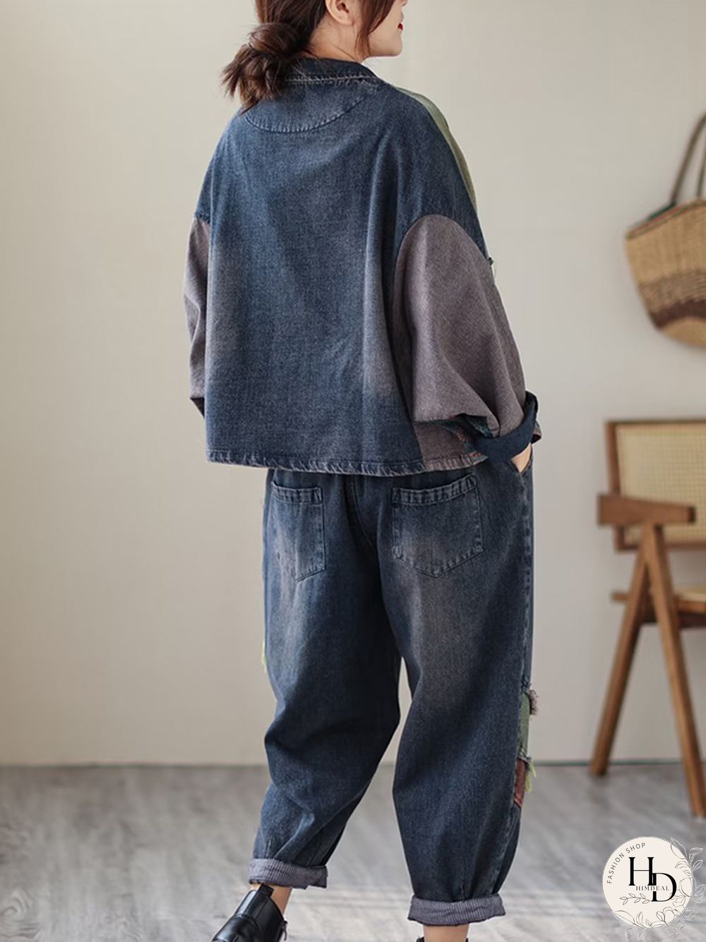 Contrast Color Fringed Split-Joint Long Sleeves Printed Outwear Harem Pants Two Pieces Set