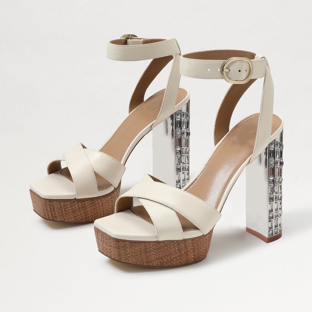 White Leather Square Toe Sandals With Platform Cross Strappy Ankle Strap Decorative Chunky Heel Nicepairs