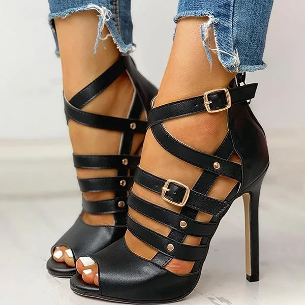 Solid Hollow Out Ankle Strap Thin Heeled Sandals