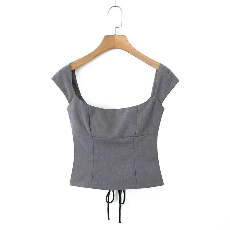 Tlbang Y2K Women Lace Up Bandage Back Gray Crop Top Short Sleeve Square Neck Ladies Sexy Chic Tops