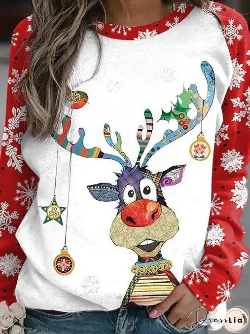 Women's T-Shirts Christmas Elk Crew Neck Long Sleeve Casual T-Shirt