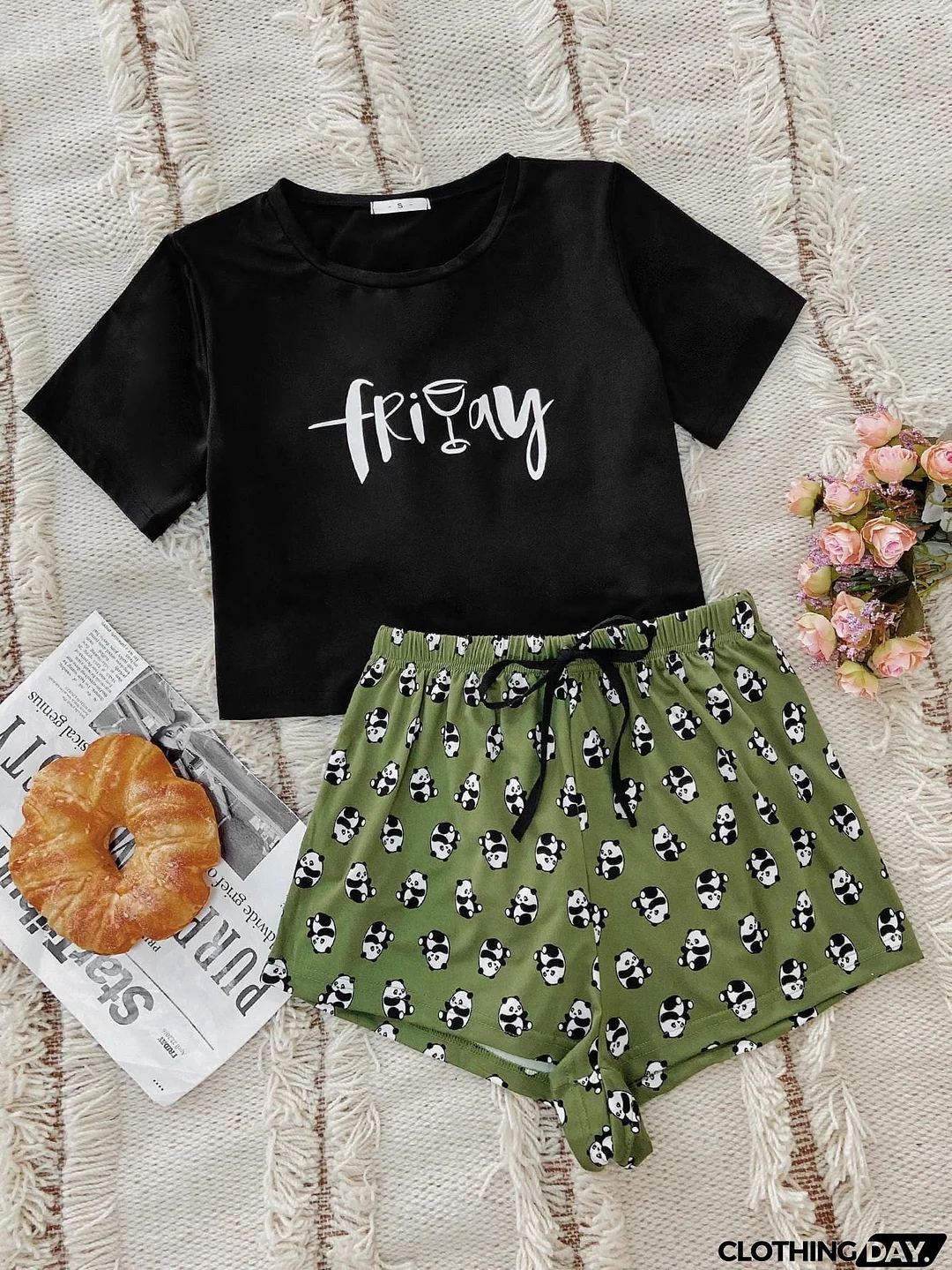 Graphic Tee and Panda Print Shorts Lounge Set