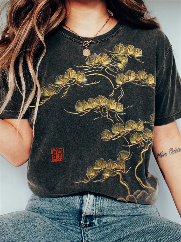 Comstylish Pine Tree Japanese Embroidery Art Vintage T Shirt