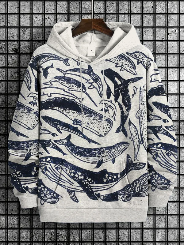Men's Species Of Whales Japanese Lino Art Vintage Printed Hooded Sweatshirt