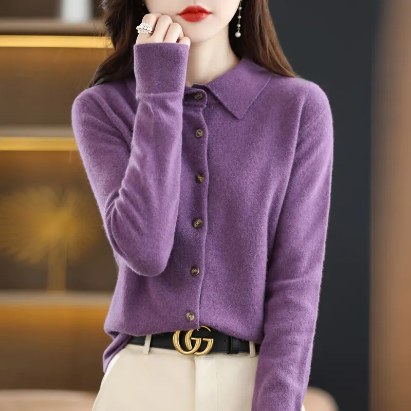 Churchf Churchf And Autumn POLO Collar Knit Shirt With Loose Long-Sleeved Sweater Non-Cashmere Cardigan Temperament Lapel Coat