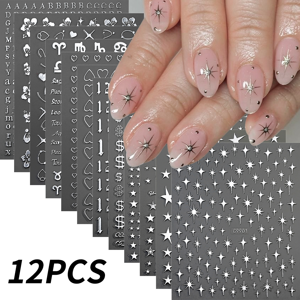Bonusgor 12Pc Constellation Nail Stickers Pisces Aries Scorpio Alphabet Symbol 3D Bronzing Nail Art Sticker Self Adhesive Manicure Decals
