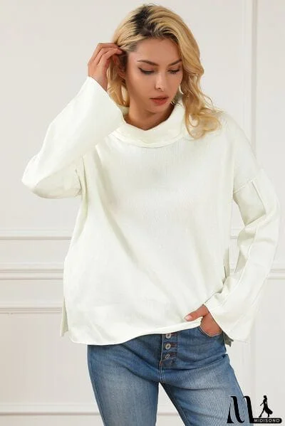 MidiSono - Slit Mock Neck Dropped Shoulder Sweater