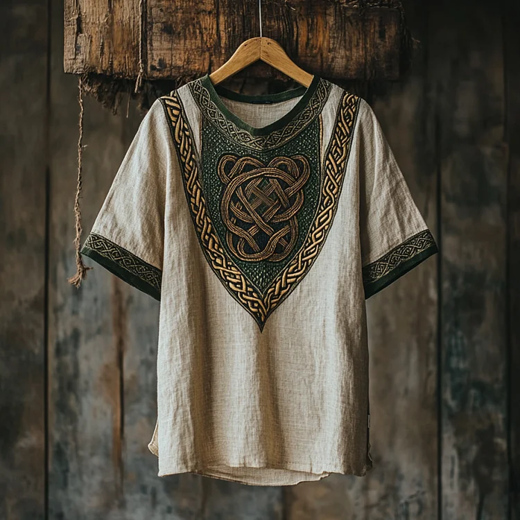 Men's Viking Tribal With Celtic Knotwork Embroidered Linen T-shirt