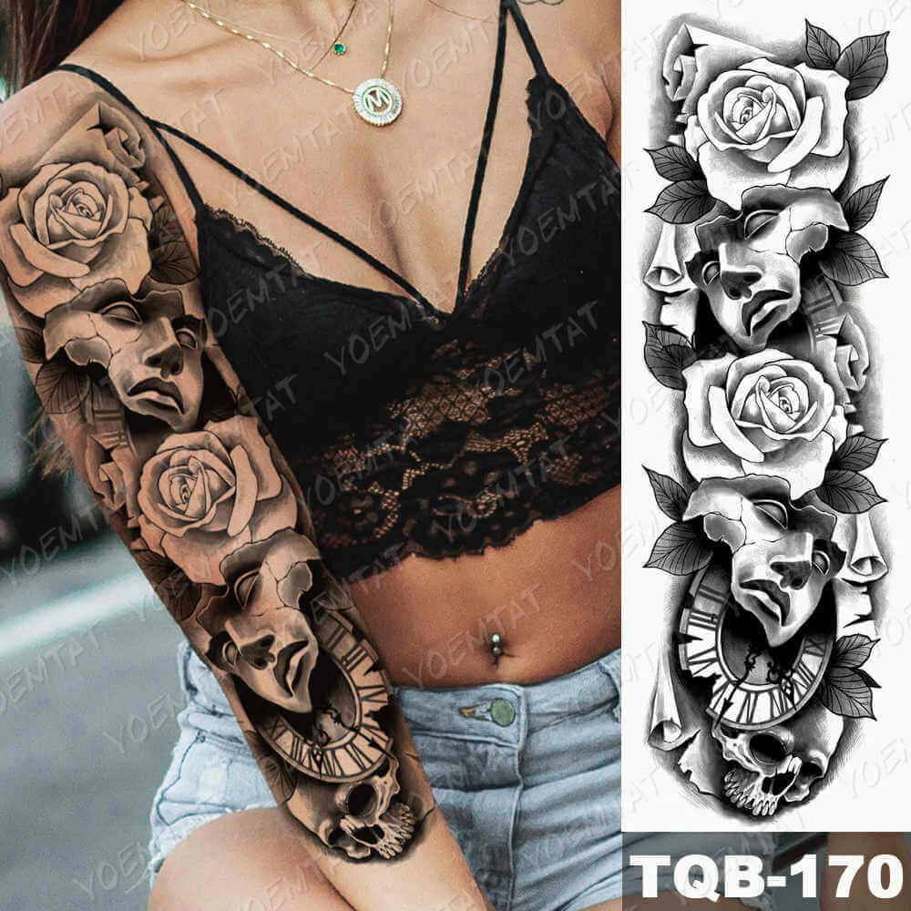 Large Arm Sleeve Tattoo Mask Rose Poker Waterproof Temporary Tatto Sticker Lion Crown Body Art Full Fake Tatoo Women Men