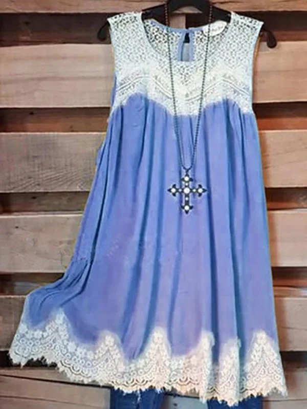 Women Sleeveless Scoop Neck Lace Tunic Top