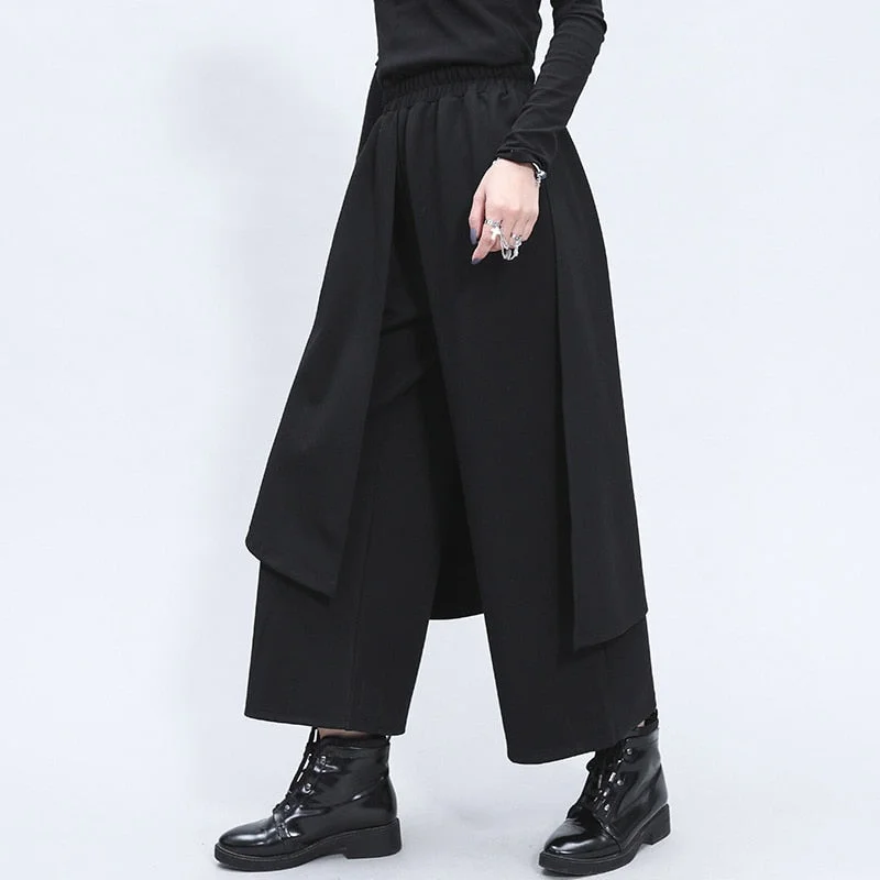 [EAM] High Elastic Waist Black Split Joint Long Wide Leg Trousers New Loose Fit Pants Women Fashion Spring Autumn 2021 1Z325