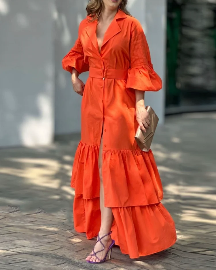Lapel collar solid color puff sleeve dress