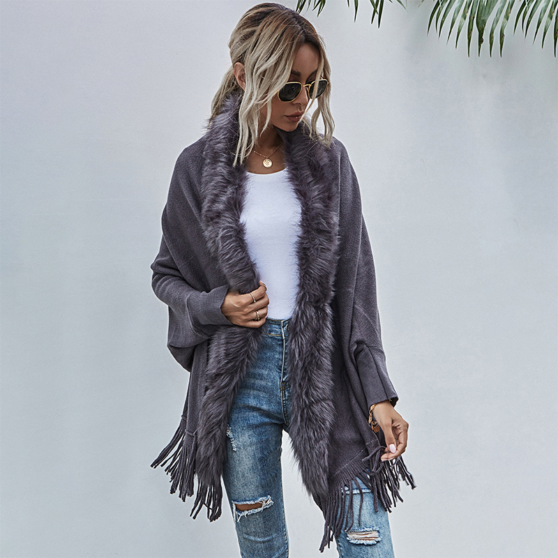 Fur Collar Casual Fashion Shawl Knitted Tassels Elegant Dolman Sleeve Cardigan