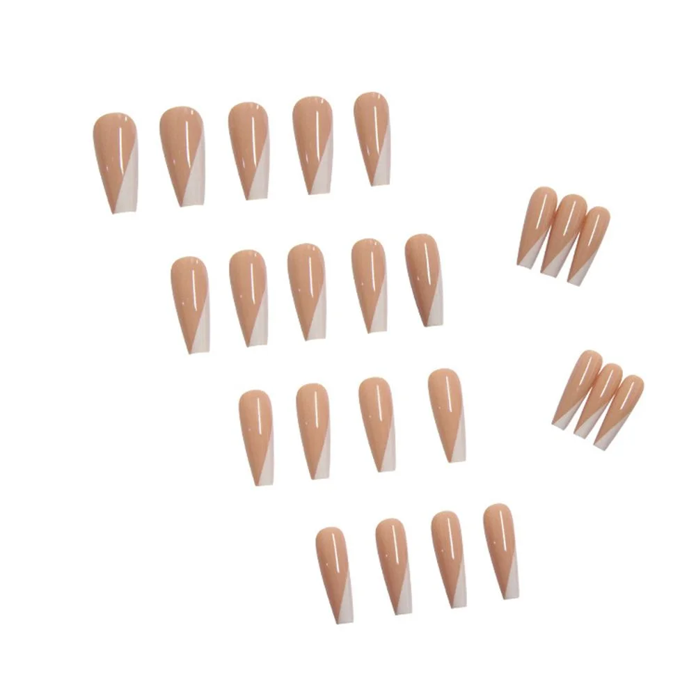 24Pcs White Oblique French Long Ballet False Nails Full Nail Tips Reusable Ultra Thin Nude Color Fake Nails with Liquid Glue-Nail Inspo