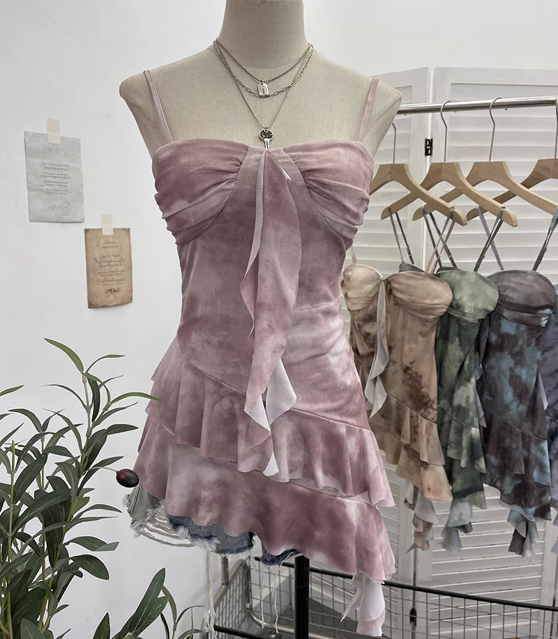 Churchf Real Shooting 2025 Spring And Summer New With Chest Cushions Dyed Mesh Sling Sling Vest Irregular Lotus Leaf Side Top 1139