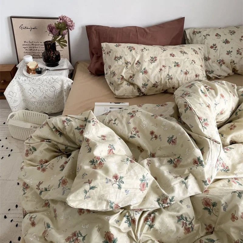 Aonga Green Floral Duvet Cover Set No Filler Pillowcase Flat Sheet Fashion Single Queen Size Girls Blanket Decoration Bedding Set aonga