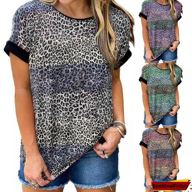 Women's Fashion Summer Short Sleeve T-shirt Tops Plus Size Loose Leopard Print Tee Casual Shirts