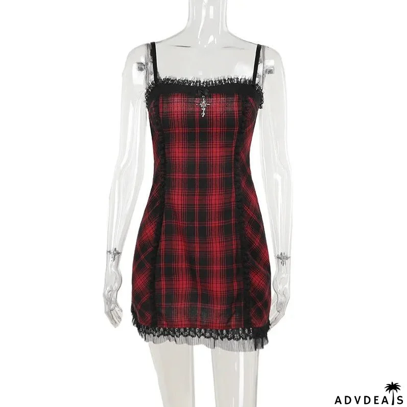 Gothic High Waist Plaid Halter Vintage Retro Grunge Aesthetics Contrast Swing Party Dress