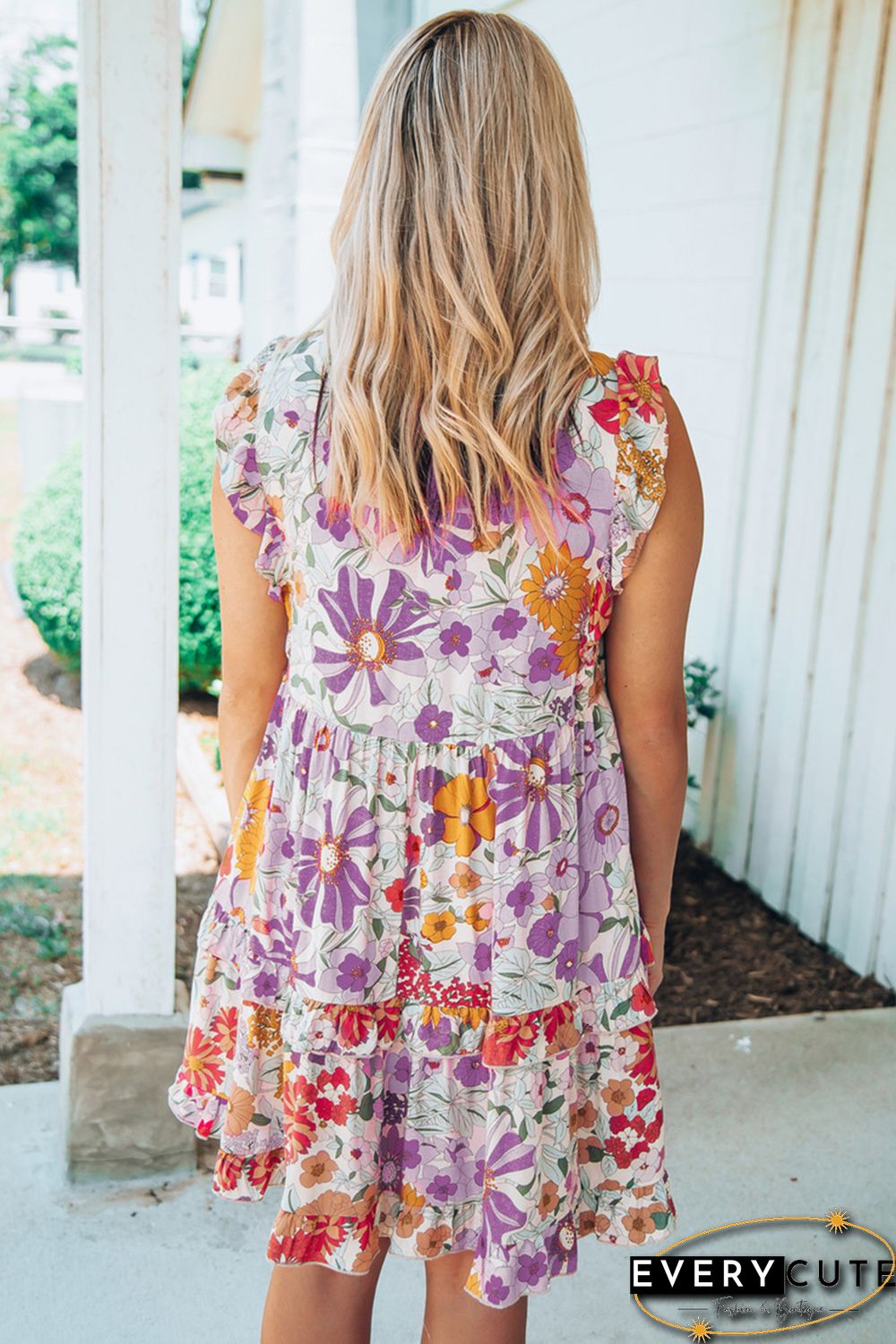 Purple White Ruffled Tank Floral Dress