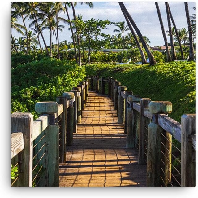 16x16 Maui Wailea Beach Path Canvas Wall Art: Hawaii Boardwalk Print Gift, Hawaiian Coastal Home Dcor Photo, Tropical Picture for Office Living Room or Bedroom, Fine Art Photography 16x16