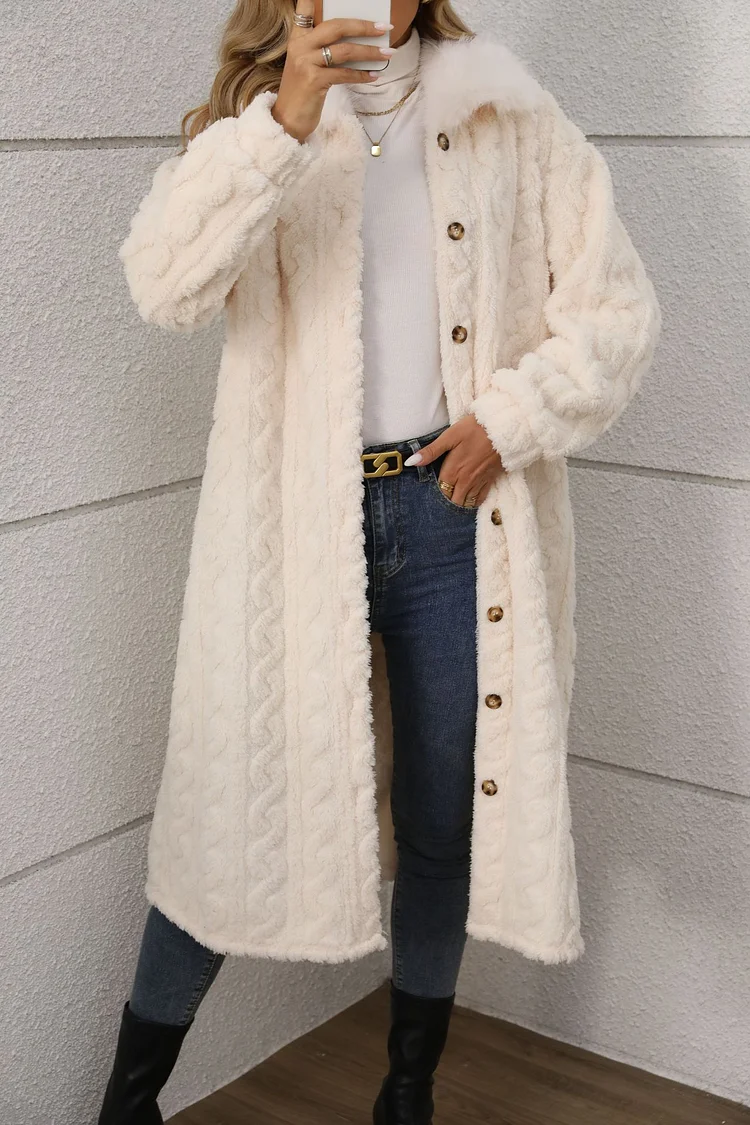 Women's Fleece Warm Long Coat Single Breasted White Long Coat