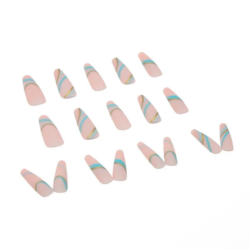 24pcs Nude Fake Nails Long Blue Gold Wave Pattern Coffin False Nails Acrylic Detachable Matte Full Nail Decoration Art Tips-Nail Inspo