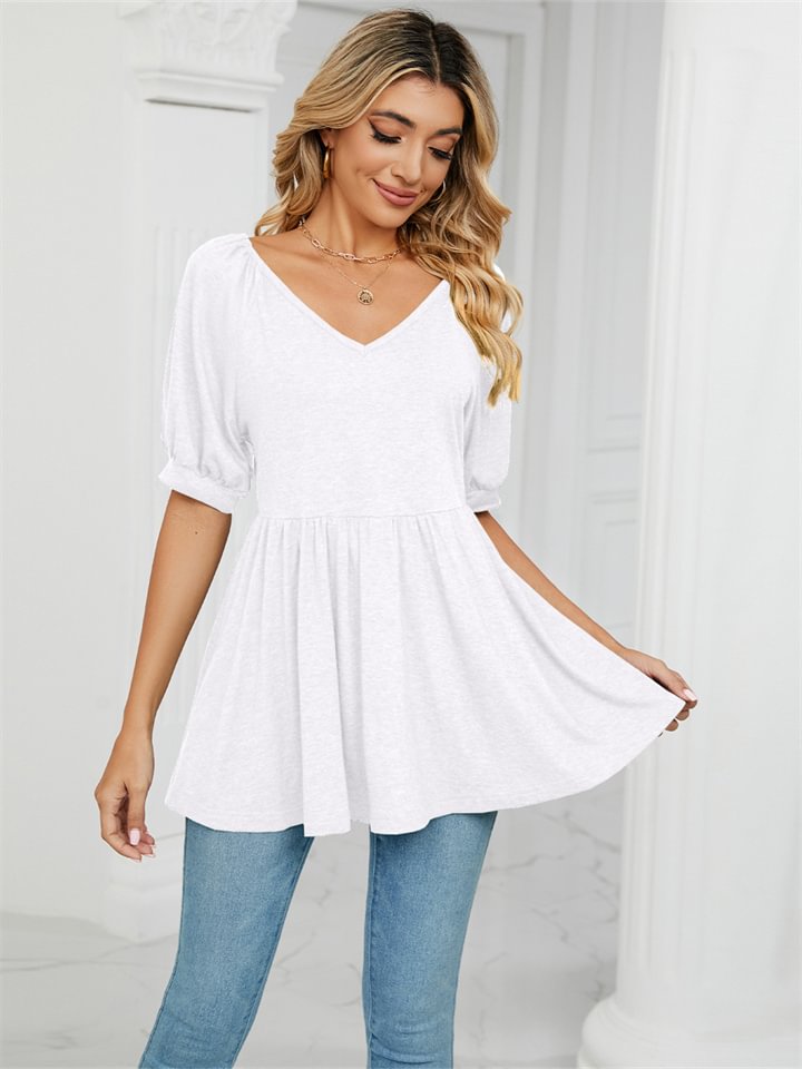 V-neck Bubble Short-sleeved T-shirt Corseted Tops Female-Hoverseek