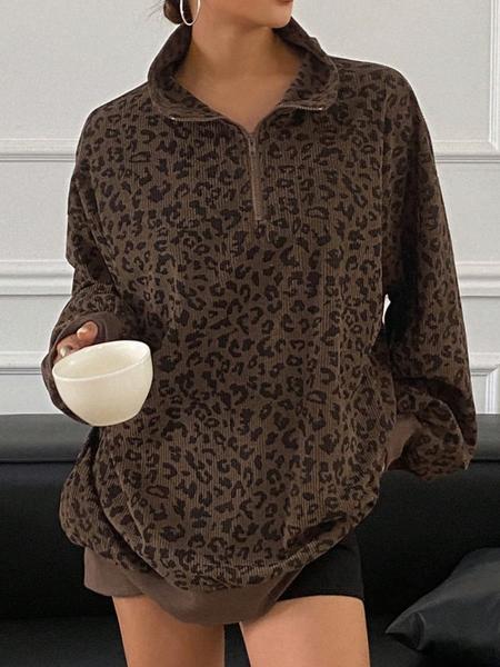 Women Casual Zip Up Front Long Sleeve Leopard Print Sweatshirt,Fall Clothes