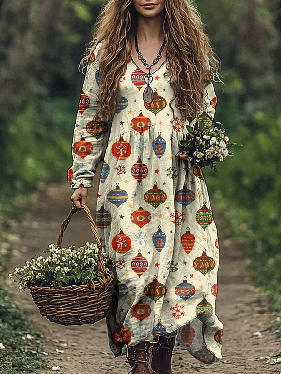 Christmas Decoration Repeat Pattern Printed Women's Pocket Cotton Dress